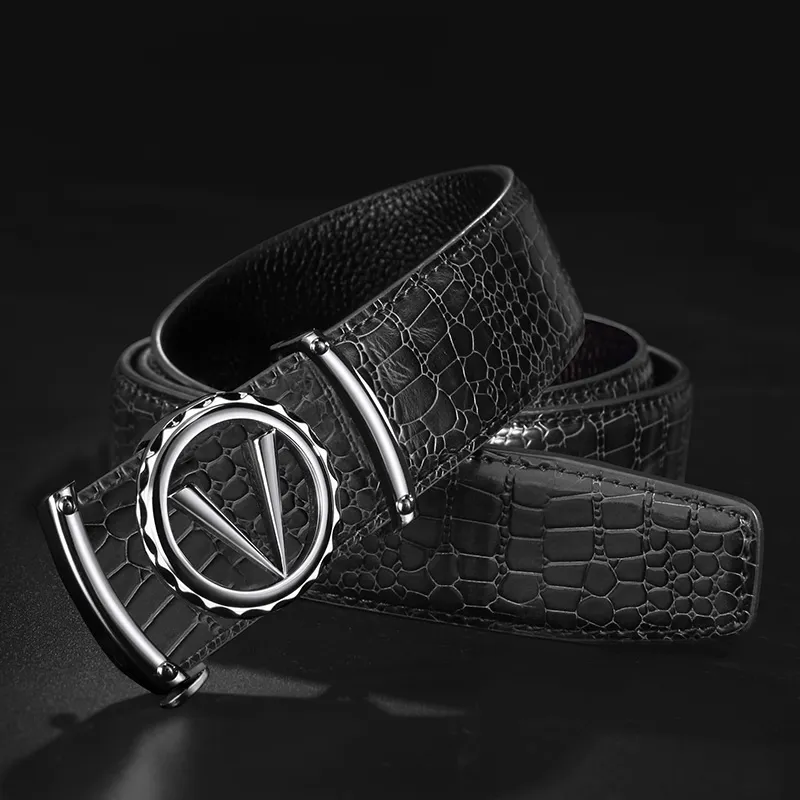 LUCKY LION Automatic Buckle Crocodile Pattern Belt Casual Cow Split Leather Belts Men's-10