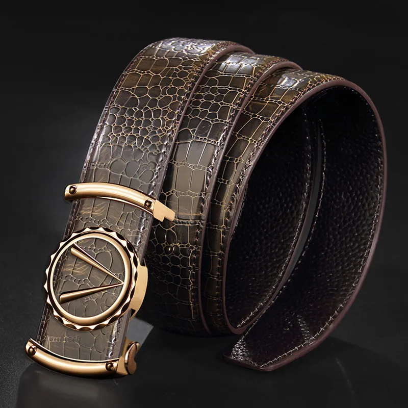 LUCKY LION Automatic Buckle Crocodile Pattern Belt Casual Cow Split Leather Belts Men's-3