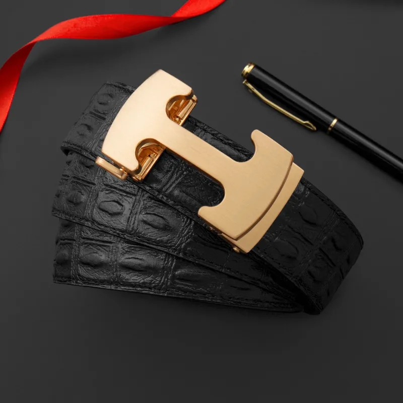 LUCKY LION Genuine Leather Crocodile Pattern Automatic Buckle Leather Belts Men's-5
