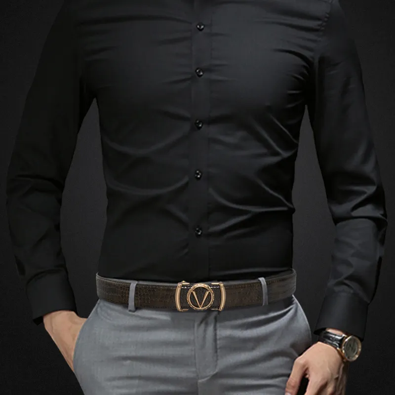 LUCKY LION Automatic Buckle Crocodile Pattern Belt Casual Cow Split Leather Belts Men's-2