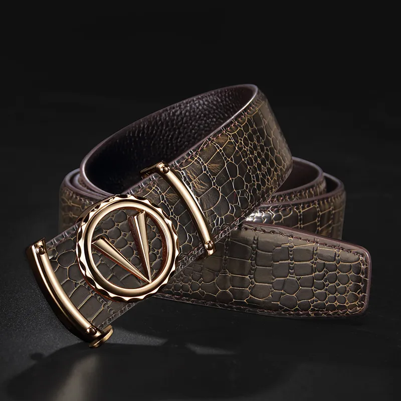 LUCKY LION Automatic Buckle Crocodile Pattern Belt Casual Cow Split Leather Belts Men's-1