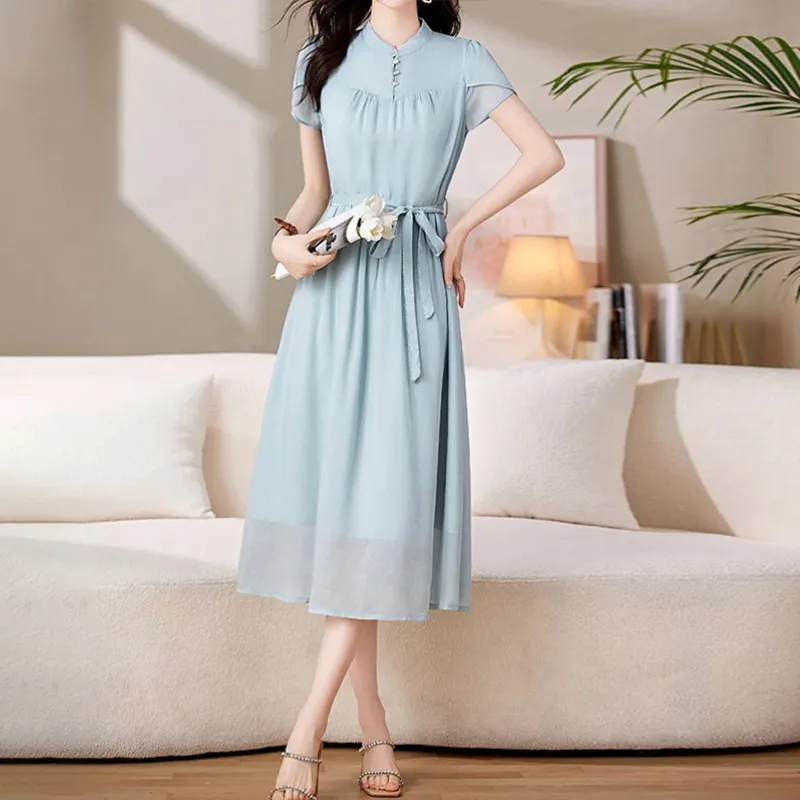 Mapping Short Sleeved Dresses Women's Sky Blue-4