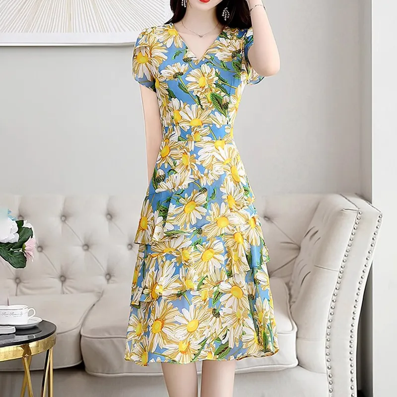 Mapping Short Sleeved Dresses Women's Yellow-3