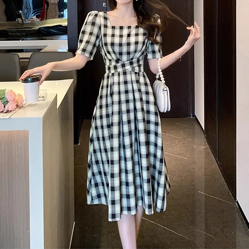 Mapping Short Sleeved Dresses Women's Plaid-2