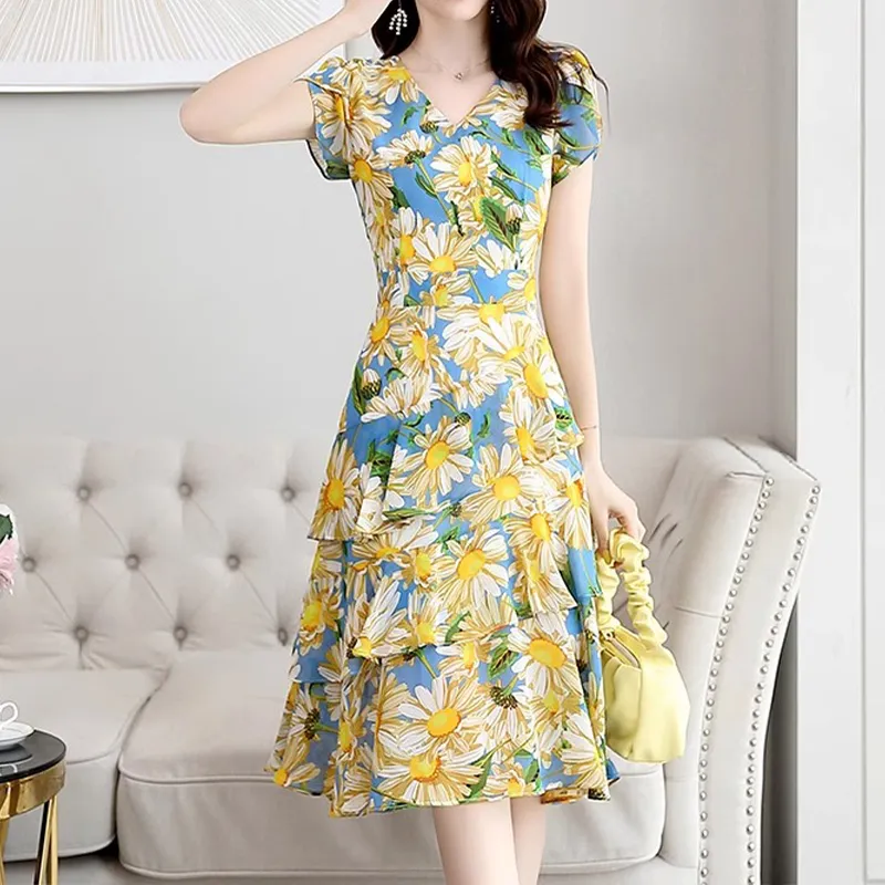 Mapping Short Sleeved Dresses Women's Yellow-4