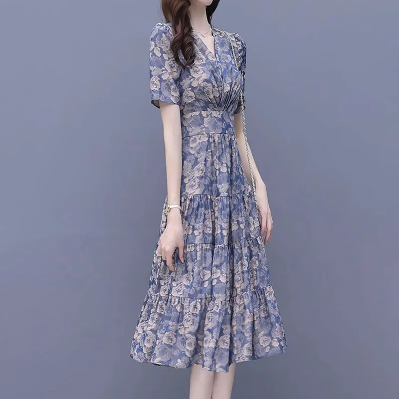 Mapping Short Sleeved Dresses Women's Blue-2