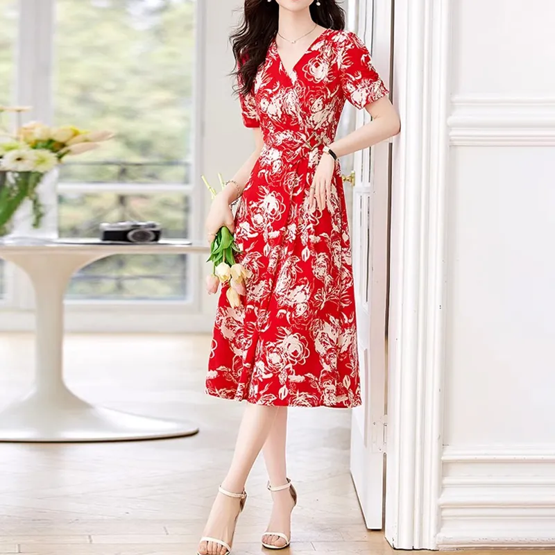 Mapping Short Sleeved Dresses Women's Red-4