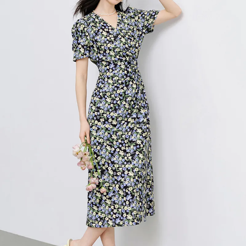 Mapping Short-Sleeved Dresses Women's Blue Flower-4