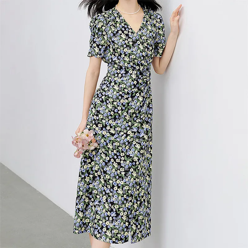 Mapping Short-Sleeved Dresses Women's Blue Flower-5