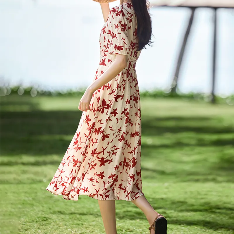 Mapping Short-Sleeved Dresses Women's Light Beige With Red Flowers-3