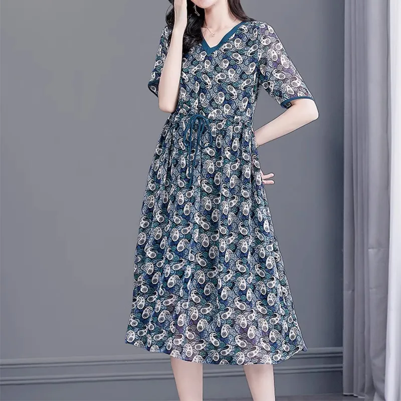 Mapping Short Sleeved Dresses Women's Blue-2