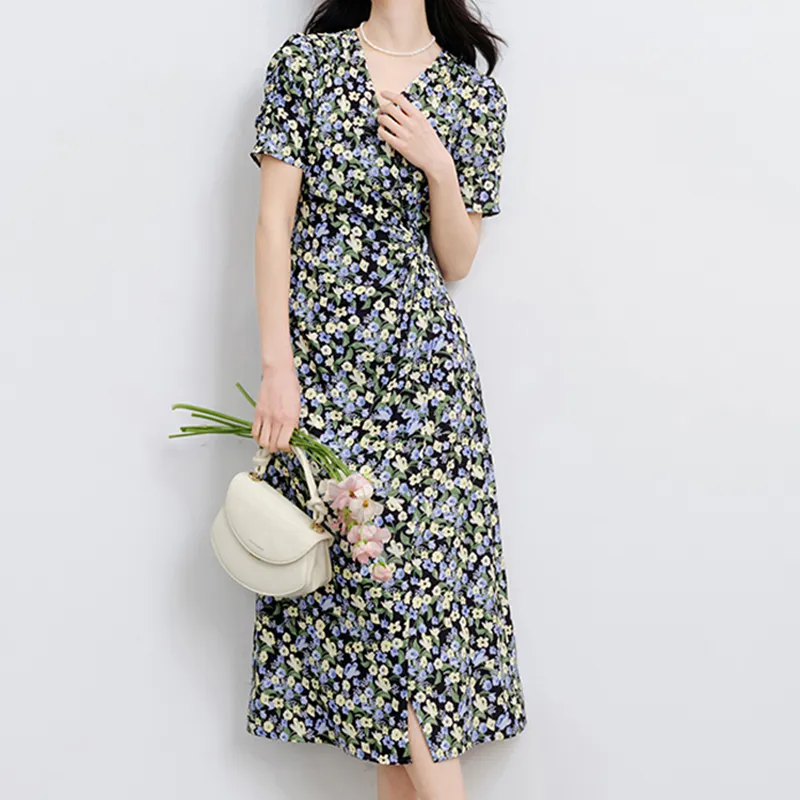 Mapping Short-Sleeved Dresses Women's Blue Flower-3