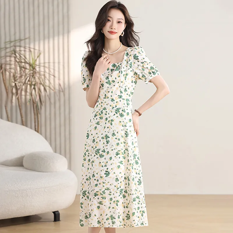 KUNZHUDAXIANG Short Sleeved Dress Women's Fresh White Green Color Scheme-5