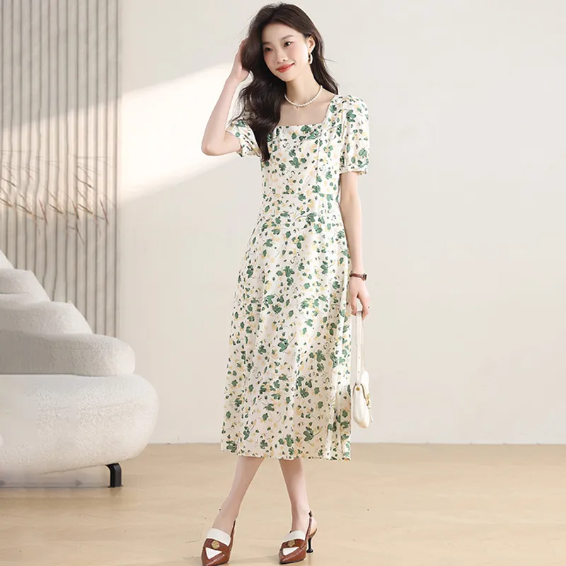 KUNZHUDAXIANG Short Sleeved Dress Women's Fresh White Green Color Scheme-3