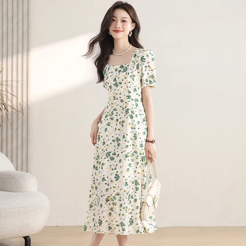 KUNZHUDAXIANG Short Sleeved Dress Women's Fresh White Green Color Scheme-1