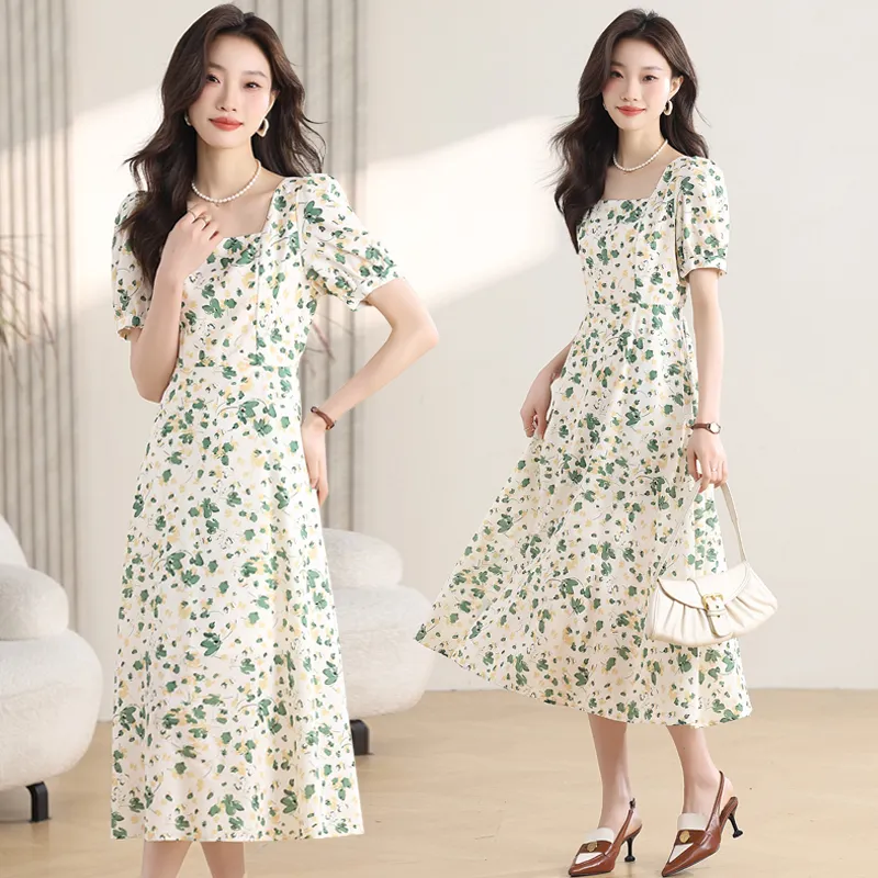 KUNZHUDAXIANG Short Sleeved Dress Women's Fresh White Green Color Scheme-2