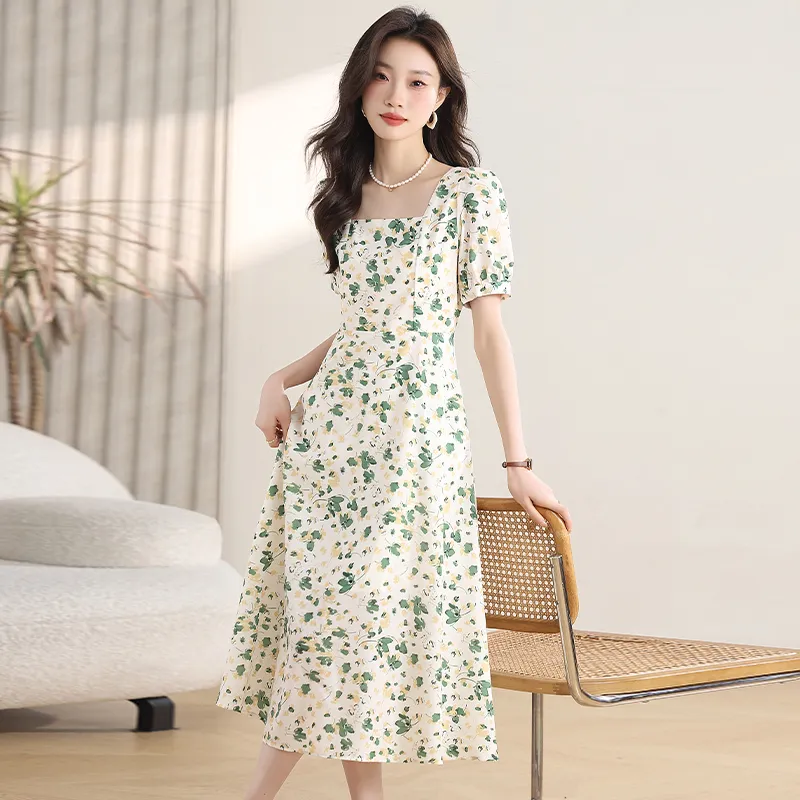 KUNZHUDAXIANG Short Sleeved Dress Women's Fresh White Green Color Scheme-6