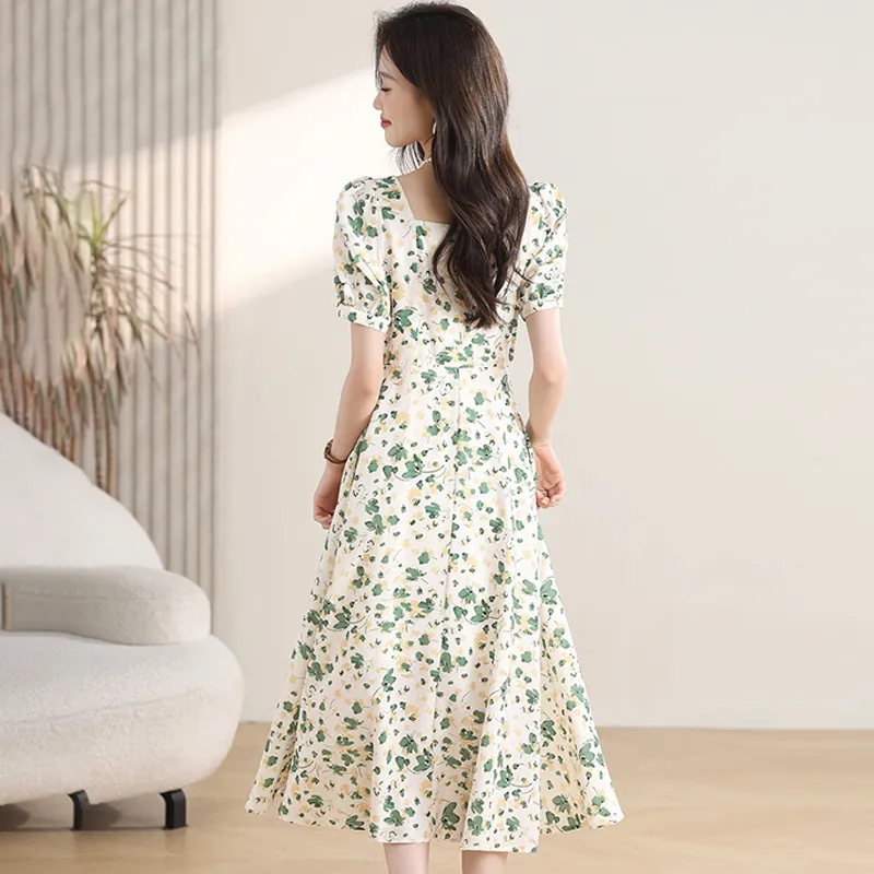 KUNZHUDAXIANG Short Sleeved Dress Women's Fresh White Green Color Scheme-4