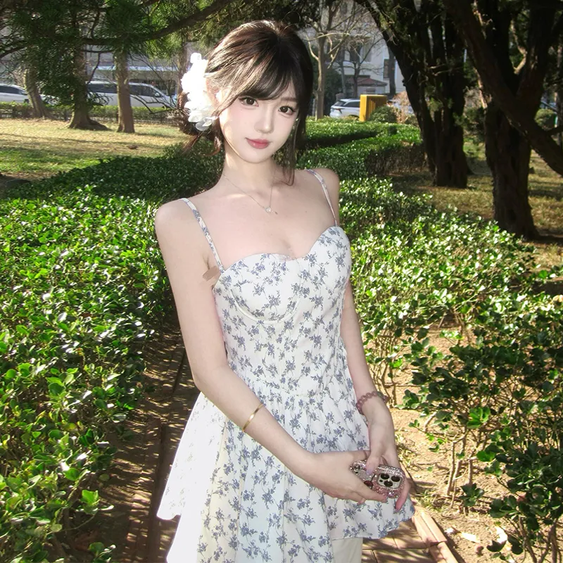 RTNH Slip Dresses Women's Beige With Blue Floral-2