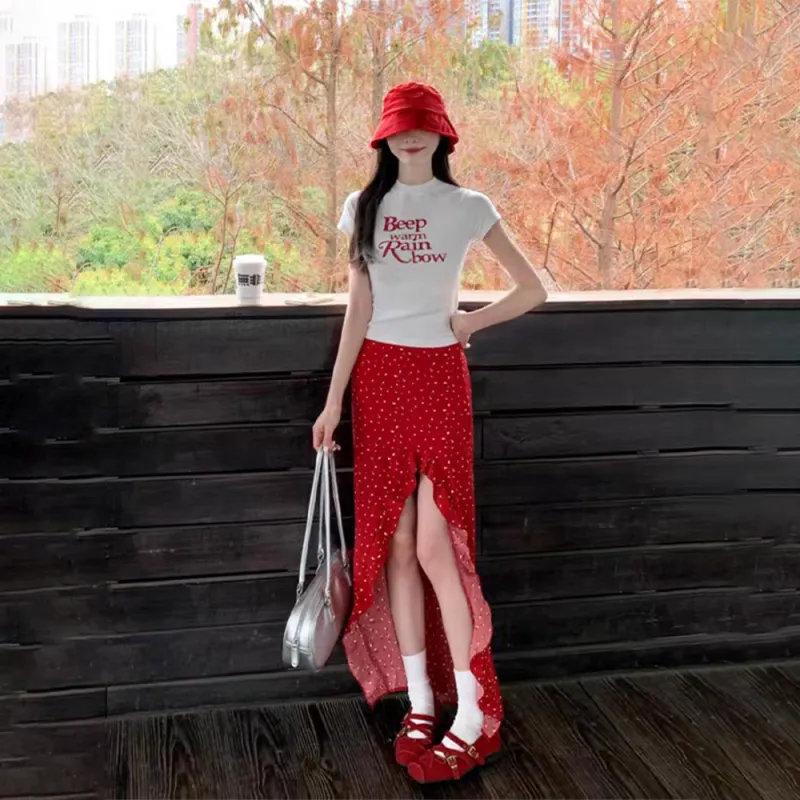 RTNH Skirt Set Women's White Red-2