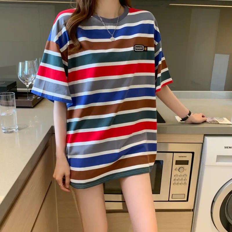 RTNH Top T Shirt Women's Red Blue Stripes-3