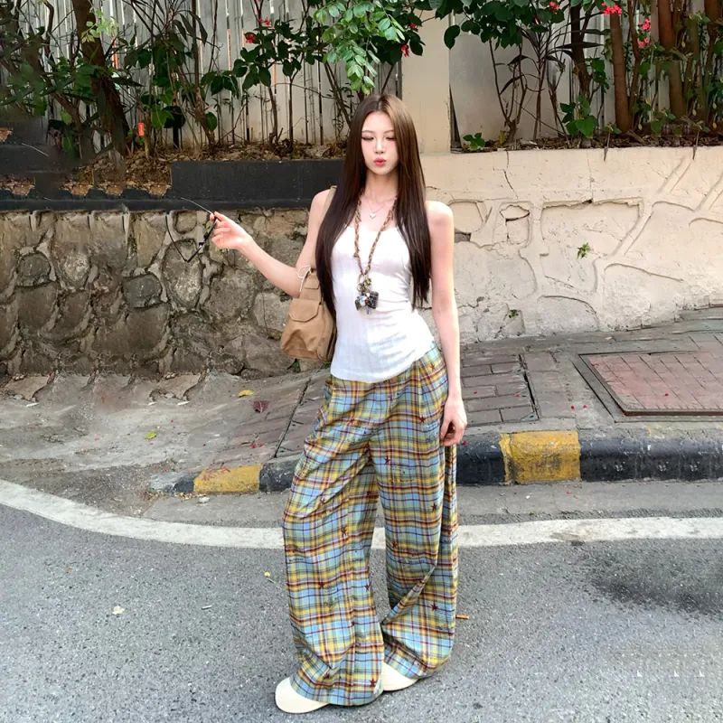 RTNH Casual Pants Women's Yellow Blue Plaid-5