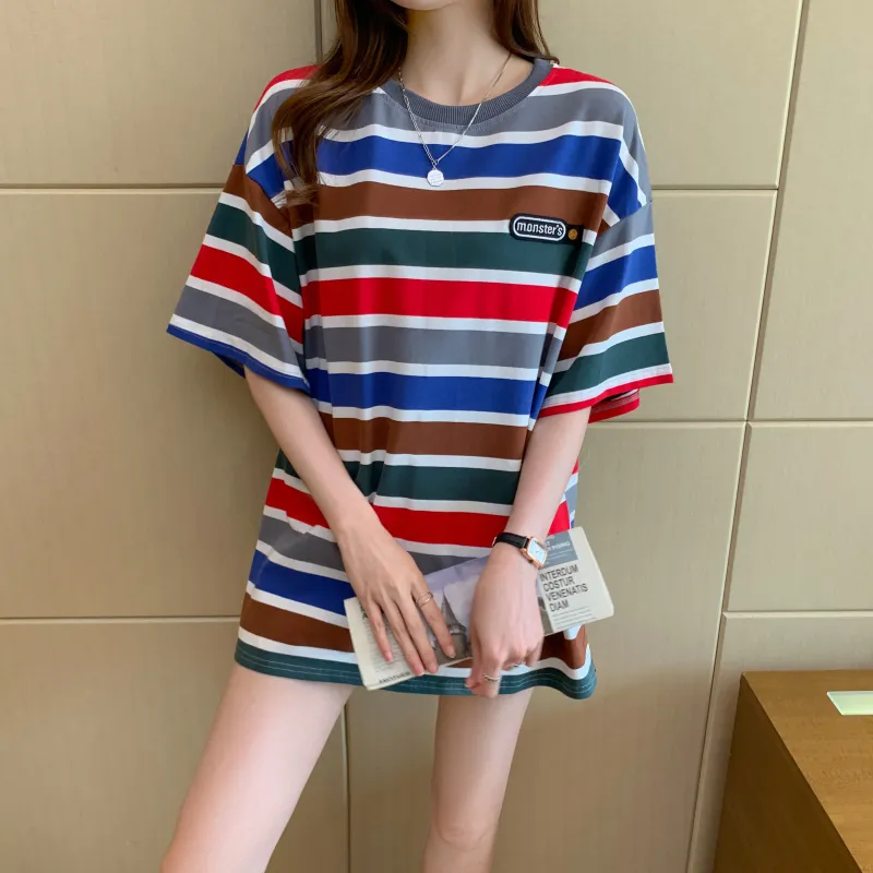 RTNH Top T Shirt Women's Red Blue Stripes-7