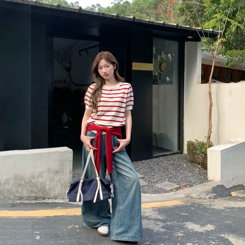 RTNH Spring Summer Regular T Shirt Women's Red White Stripes-5