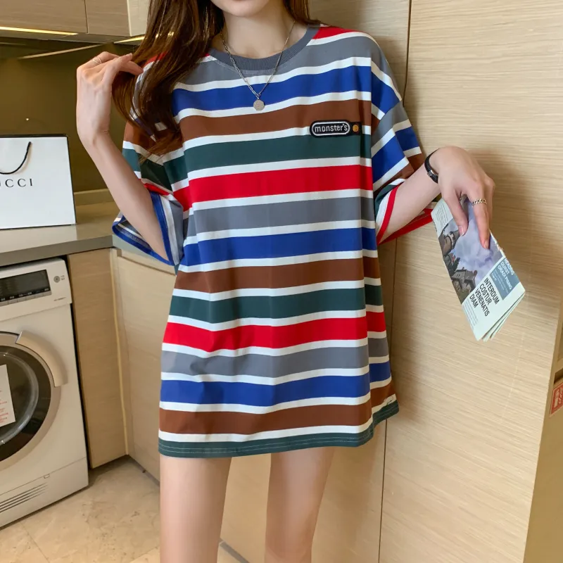 RTNH Top T Shirt Women's Red Blue Stripes-5