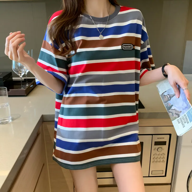 RTNH Top T Shirt Women's Red Blue Stripes-4