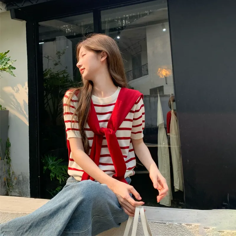 RTNH Spring Summer Regular T Shirt Women's Red White Stripes-7