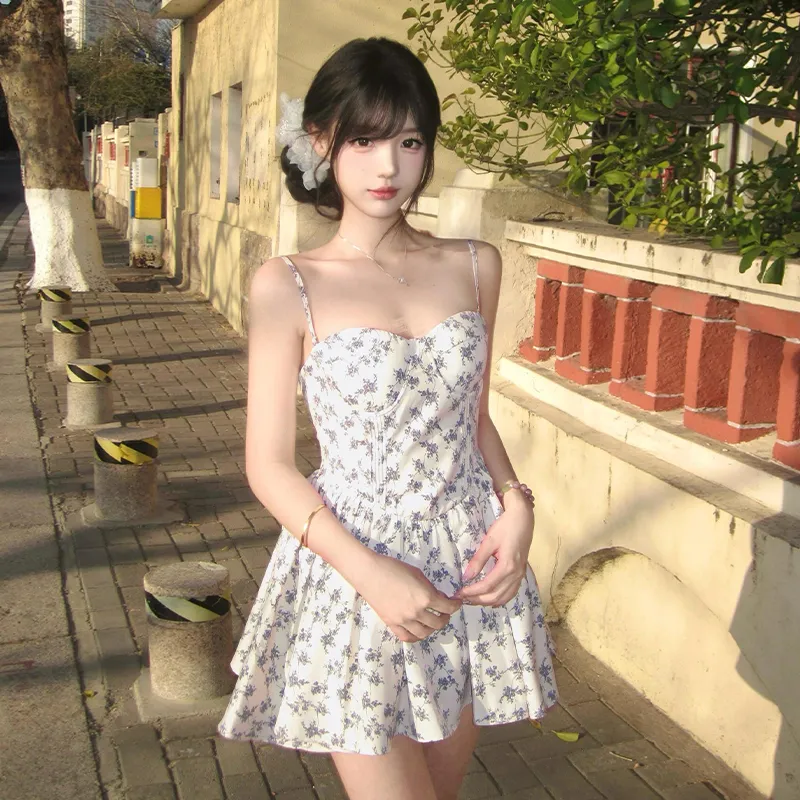 RTNH Slip Dresses Women's Beige With Blue Floral-4