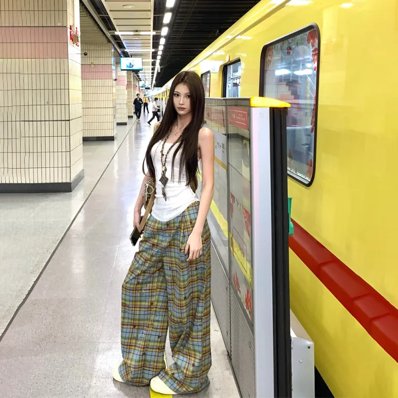 RTNH Casual Pants Women's Yellow Blue Plaid-4
