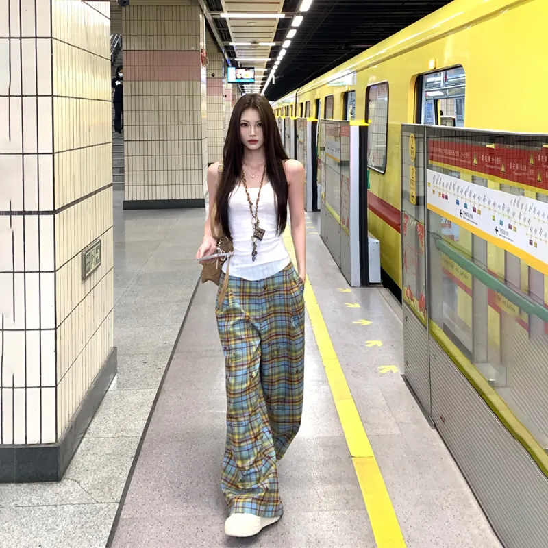 RTNH Casual Pants Women's Yellow Blue Plaid-3