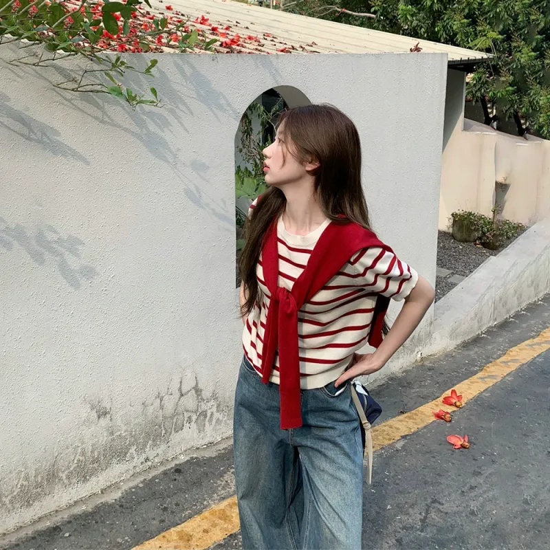 RTNH Spring Summer Regular T Shirt Women's Red White Stripes-2