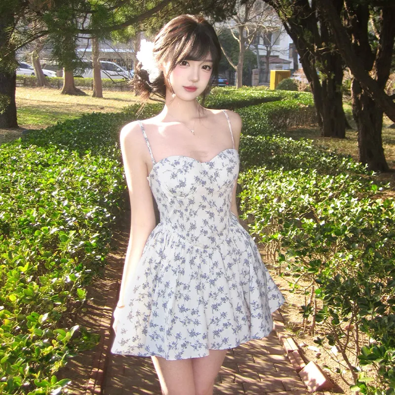 RTNH Slip Dresses Women's Beige With Blue Floral-3