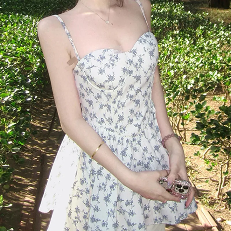 RTNH Slip Dresses Women's Beige With Blue Floral-6