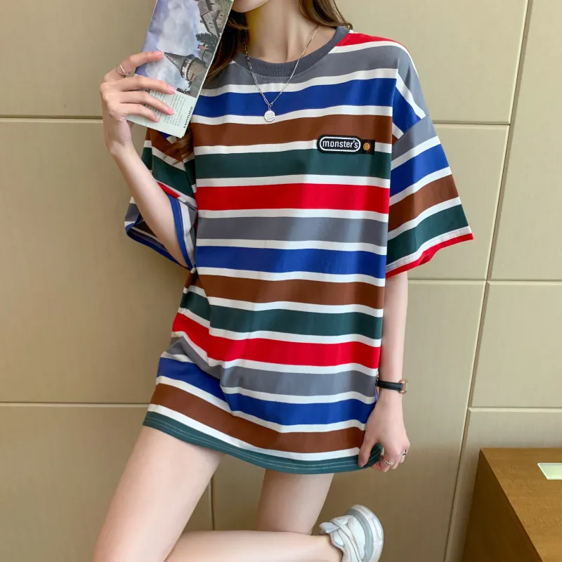 RTNH Top T Shirt Women's Red Blue Stripes-8