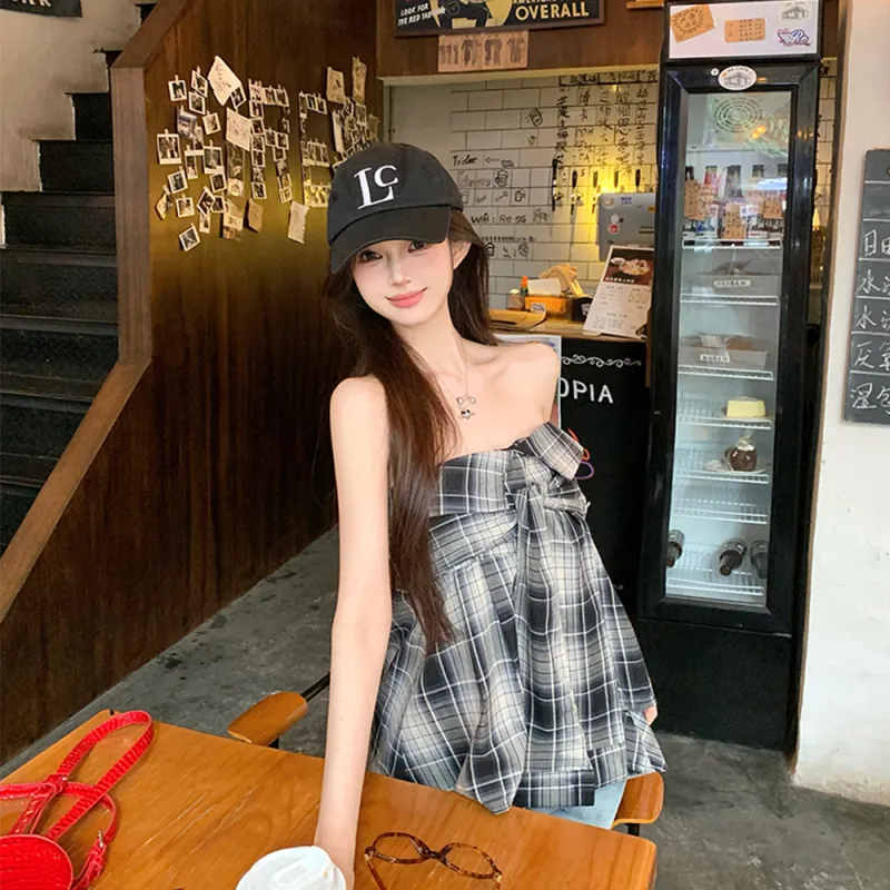 RTNH Summer Strapless Top Women's Black White Plaid-6
