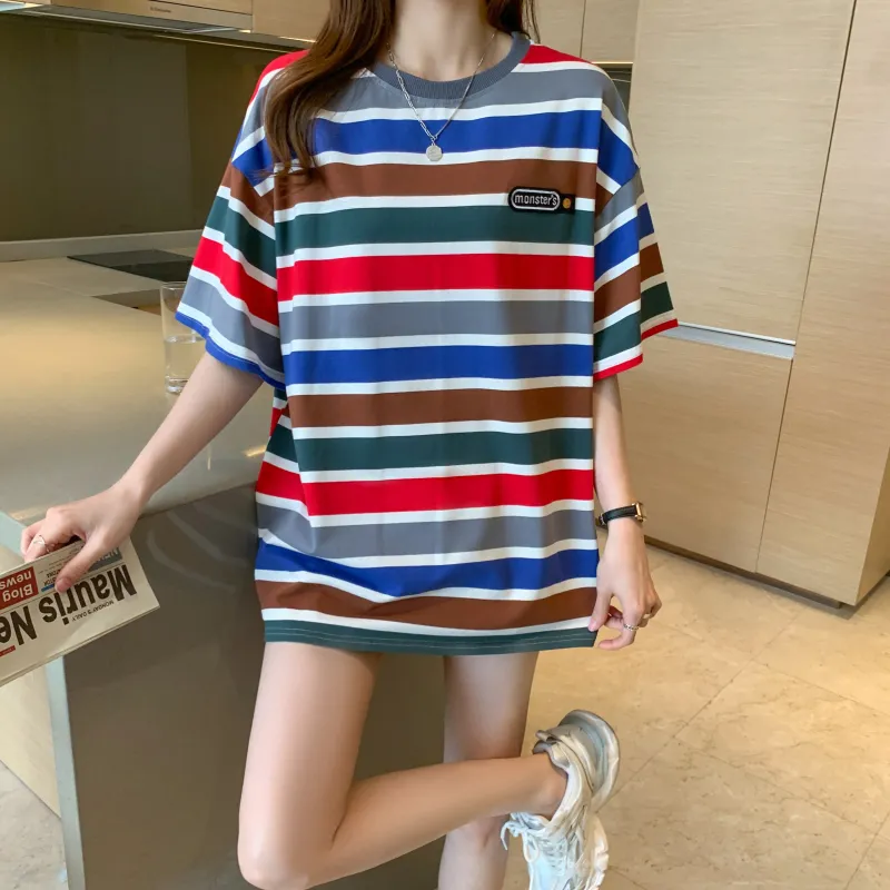 RTNH Top T Shirt Women's Red Blue Stripes-2