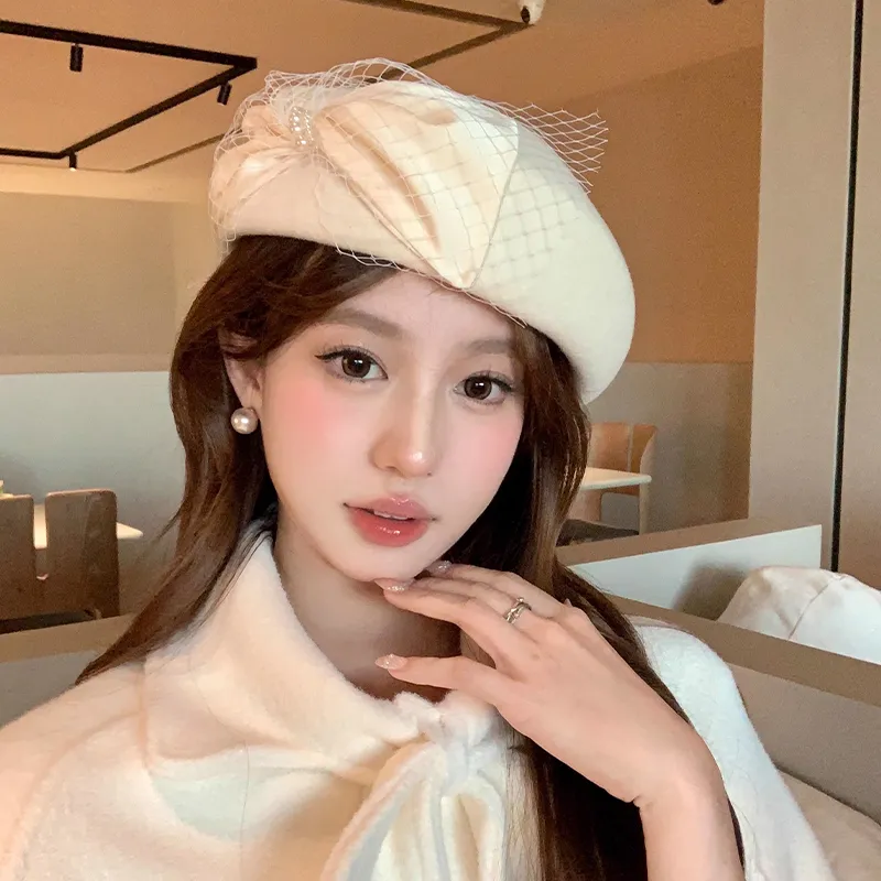 Peach Tea Pure Wool Gauze Satin Berets Women's-1