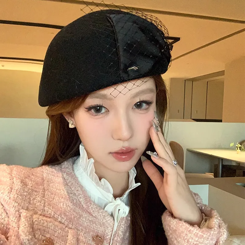 Peach Tea Pure Wool Gauze Satin Berets Women's-5