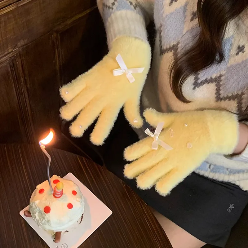 Peach Tea Plush Knit Gloves Women's-2