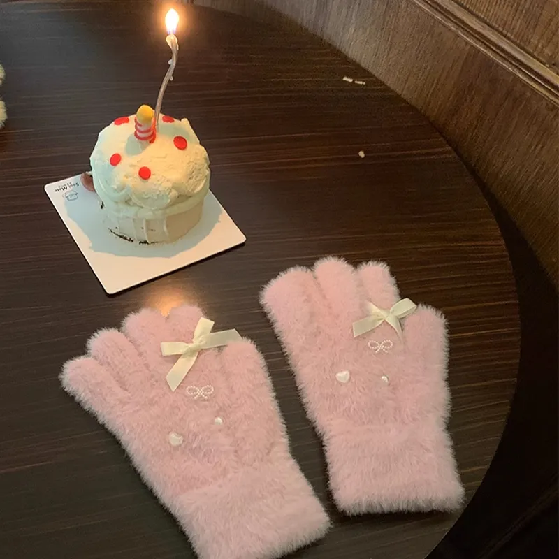 Peach Tea Plush Knit Gloves Women's-10