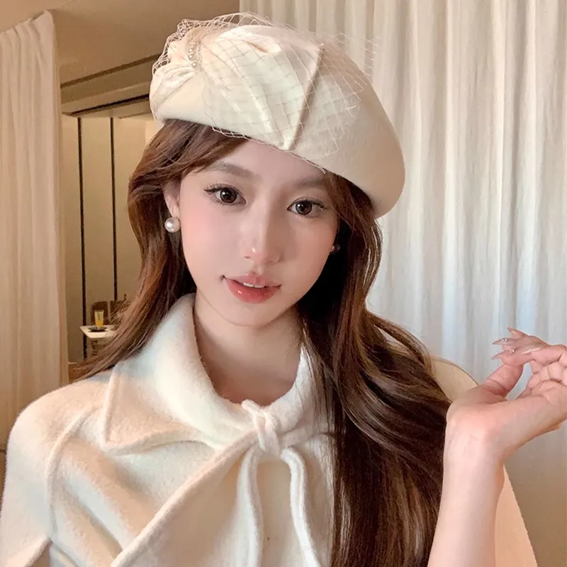 Peach Tea Pure Wool Gauze Satin Berets Women's-3