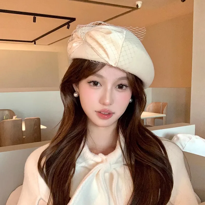 Peach Tea Pure Wool Gauze Satin Berets Women's-2