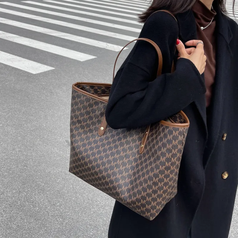 PULUWIRR Pu Korean Trendy College Tote Bag Multicolor Regular Women's Black/Coffee/Ecru-13