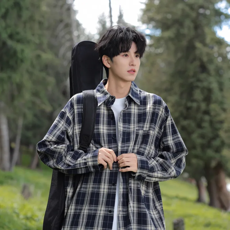 TONYBEAR Shirt Men's Navy Blue Plaid-3