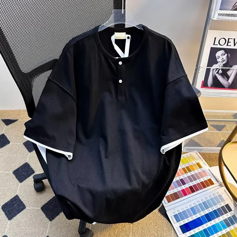 TONYBEAR Men's Casual Sports Loose Fit Fashion Versatile Basic Mock Two Piece T Shirt Men's-9