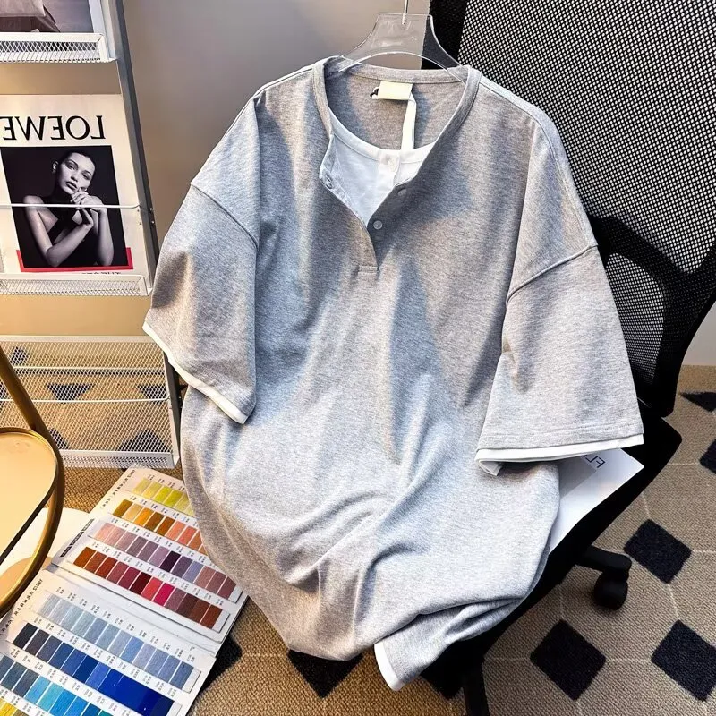 TONYBEAR Men's Casual Sports Loose Fit Fashion Versatile Basic Mock Two Piece T Shirt Men's-2